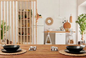 Kitchen close up dining room table decorative interior background style with dishwasher and...