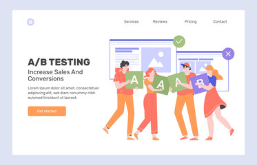 AB testing. Increased sales and conversions. Landing page concept template. Two options for different interface designs. People are voting. Vector flat illustration.