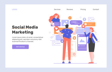 Social media marketing. Advertising on social networks, increasing conversion, views, sales. Landing page design concept template. Characters and messages speech bubbles. Vector flat illustration.
