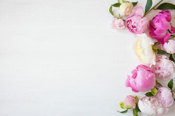 Pink and white peonies on white wooden background, space for text