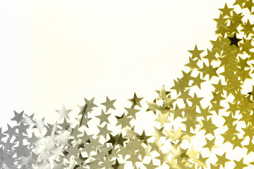 Christmas corner with gold star confetti. Holiday background for New Year on white. Color of the year 2021