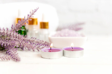 Spa beauty massage health wellness background.  Spa Thai therapy treatment aromatherapy for body woman with lavender flower nature candle for relax and summer time