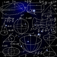 Beautiful vector seamless pattern with mathematical figures, plots and formulas, handwritten on the starry space background