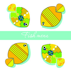 Vector multicolored four small fishes.Can use as a postcard, fish menu, decoration of a fish restaurant.Bright spot on the wall.