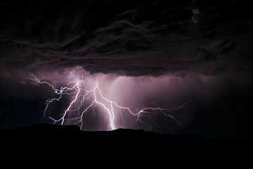 Powerful lightning storm in the American Southwest. One sees the silhouette of the hills on bottom, the lightning, and the cumulonimbus clouds. - obrazy, fototapety, plakaty