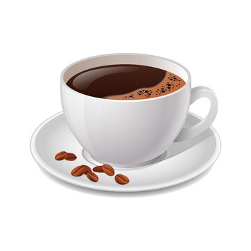 White cup of coffee with  coffee beans illustration