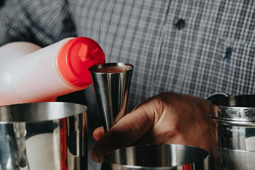 Ice in a glass of wine prepared for a special cocktail for a bartender's bar or restaurant.