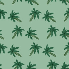 Seamless exotic nature pattern with doodle palm tree ornament in green tones on pale background.