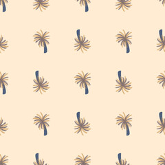 Minimalistic seamless pattern with simple hand drawn palm tree beach ornament. Pastel pink background.