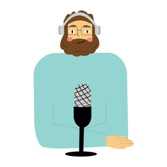 Man with glasses and beard isolated on white background. Podcast recording, radio broadcasting, announcer. Vector flat character.