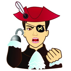 man pirate captain with a prosthetic hook in place of missing arm wearing an eye patch, buccaneer in a cocked hat with feather, vector emoji