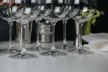 Ice in a glass of wine prepared for a special cocktail for a bartender's bar or restaurant.