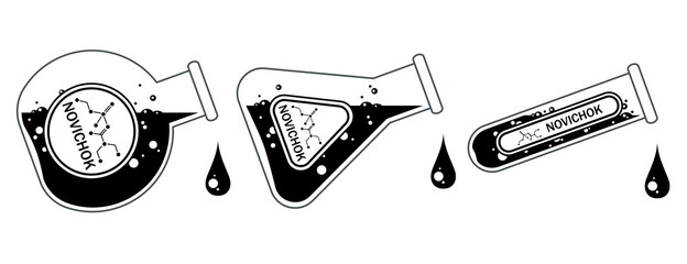 Chemical glass flasks of different forms pouring dangerous poison liquid drops. Label with novichok indicated. Chemical weapon, acid or poison. Black and white line art illustration.
