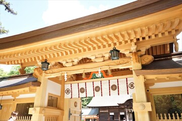 Wooden Torii or Soumon gate of Oyamazumi Jinjya or Shrine in Omishima island, Imabari city, Ehime prefecture, Japan. Shimanami kaido - 大山祇神社 大三島 しまなみ海道 愛媛 日本 鳥居
