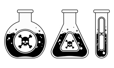 Chemical glass flasks of different forms with dangerous poison liquids. Label with skull and crossbones. Chemical weapon, acid or poison. Black and white line art illustration.