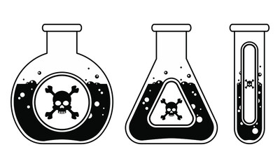 Chemical glass flasks of different forms with dangerous poison liquids. Label with skull and crossbones. Chemical weapon, acid or poison. Black and white line art illustration.