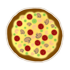 Big delicious pizza with sausage and shrimp, top view.