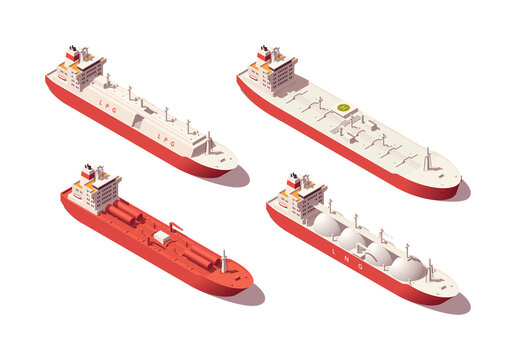 Isometric low poly tankers set. Lng tanker, lpg tanker, oil crude tanker, chemical tanker. Vector illustrator. Collection