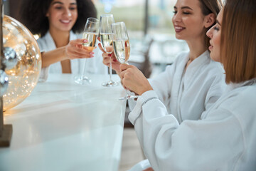 Attractive young women clinking champagne glasses at the bar counter