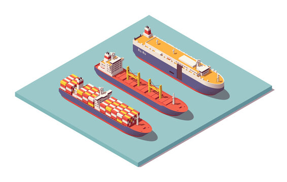 Isometric low poly vessels set. Bulker & containership & ro-ro. Vector illustrator. Collection