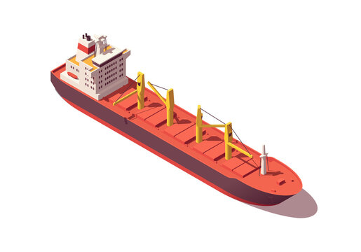 Isometric bulk carrier vessel. Low poly handysize bulker ship. Vector illustrator. Collection