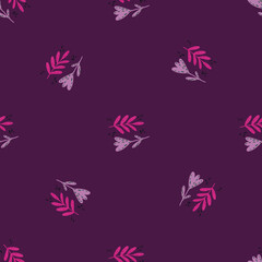 Minimalistic style seamless pattern with doodle flower and banches print. Purple background.