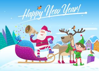 Santaclaus in a sleigh prepares with the Elves to give gifts to children.