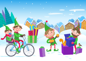 The Merry Elves are carrying gifts for Santa. Beautiful snowy landscape and town.