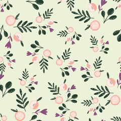 Doodle seamless pattern with hand drawn green leaves and pink apples. Light green background.