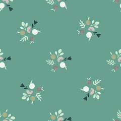 Organic seamless pattern with simple doodle apples and leaves elements. Blue background. Nature backdrop.