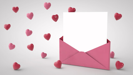 Letter in an envelope and red hearts on white background. 3d illustration. Valentine's day mail, International Women's Day and wedding invitation mock up