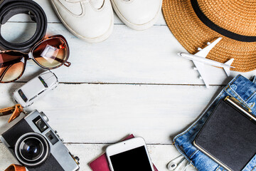 summer holiday background beach accessories white wood copy space vacation travel items concept