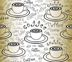 Beverage vector seamless pattern with hand drawn coffee cups and the words “coffee”, old paper effect