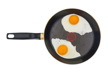 Two fried eggs in a frying pan isolated on white. View from above. eggs from two eggs.