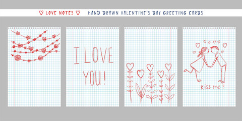 naive hand-drawn style cute valentine's day greeting card. handwritten love note message on checkered sheet. vertical banner invitation flyer brochure card