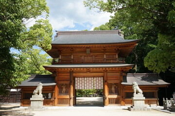 Wooden Torii or Soumon gate of Oyamazumi Jinjya or Shrine in Omishima island, Imabari city, Ehime...