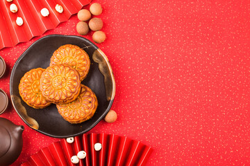 mid autumn festival concept traditional mooncakes table with teacup