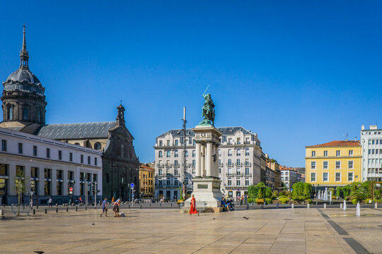 the Jaude square in the historic center of the city of Clermont Ferrand (Auvergne, France), with the statue of the gallic hero Vercingetorix