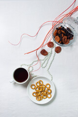 Light breakfast. Morning tea. Tea with dessert. Breakfast on a white tablecloth.