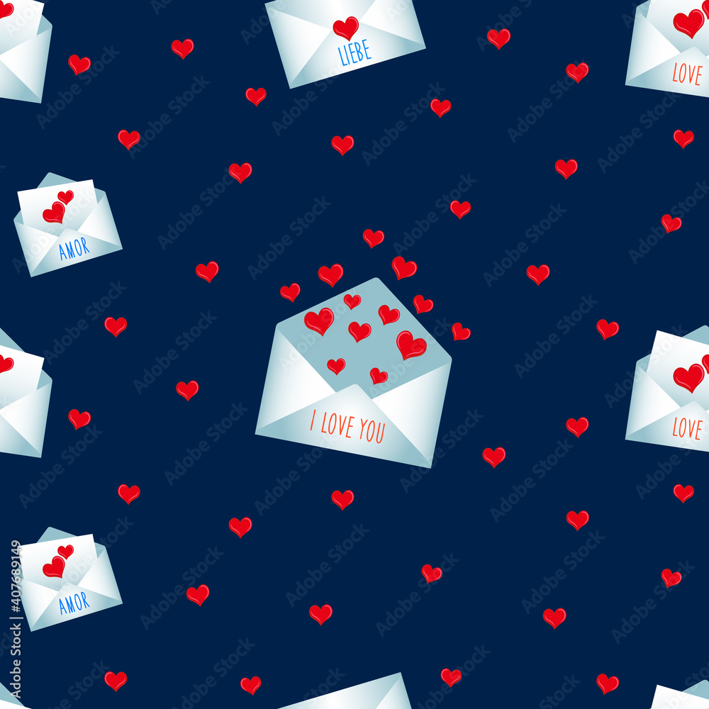Fototapete seamless vector pattern for valentine's day. romantic messages in envelopes with hearts and words of
