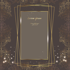 Wedding invitation chocolate coffee gradient with gold frame on a beautiful background. Template for congratulations, cards, posters with place for text. Gold pattern, Victorian era. Vector.