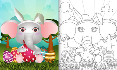 coloring book for kids themed easter with a cute elephant using bunny ears headbands hugging eggs