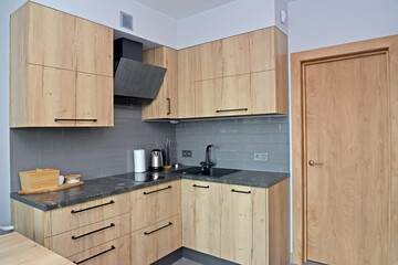 Built-in cabinet furniture in the kitchen. Modern minimalism with loft elements