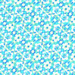 Teal blue floral linen texture background. Seamless abstract textile effect. Flower aqua melange dye pattern. Coastal cottage decor, modern sailing fashion or soft furnishing repeat cotton print
