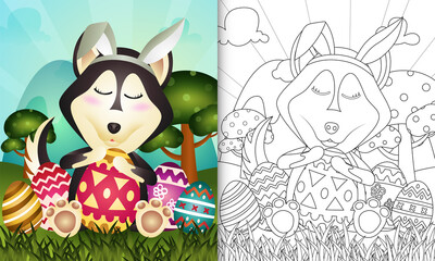 coloring book for kids themed easter with a cute husky dog using bunny ears headbands hugging eggs