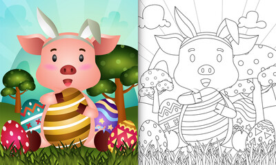 coloring book for kids themed easter with a cute pig using bunny ears headbands hugging eggs