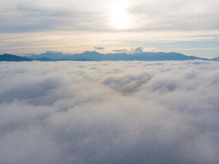 Aerial view morning sunrise cloud with fog colorful sky cloud