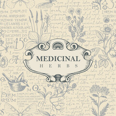Vector banner or label for medicinal herbs in retro style. Hand-drawn background with medicinal herbs and handwritten text Lorem Ipsum