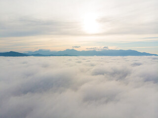 Fototapeta na wymiar Aerial view morning sunrise cloud with fog colorful sky cloud