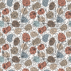 Vector seamless pattern. Curvy fluid organic shapes, natural design elements, abstract pebbles, plants, herbs, lines, leaves, doodles. Earth tones, neutral earthy colors. Beach world dreamy pattern